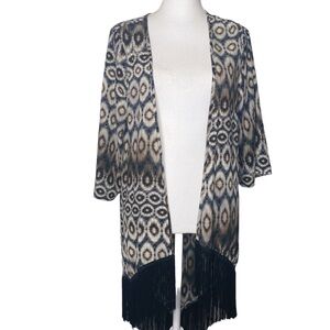 arlie Womens Boho Kimono Cardigan Open Front Fringe Size Medium Black Brown